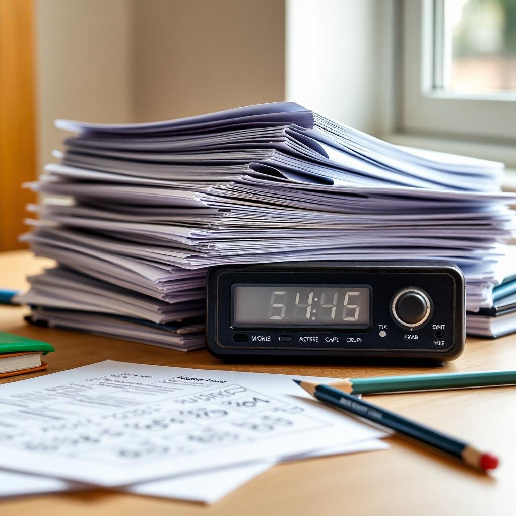 Stacked past papers and a timer on a desk