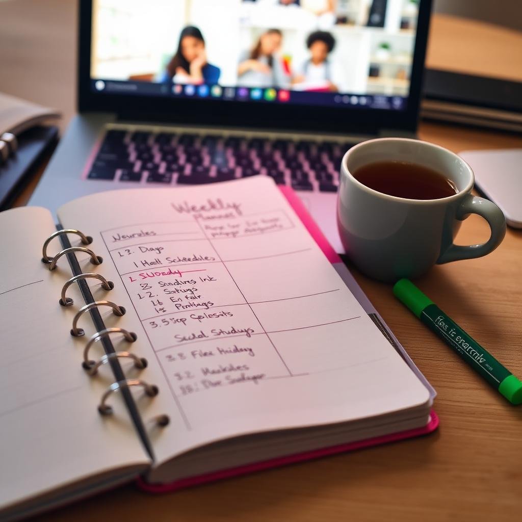 Weekly planner and laptop on a warm desk