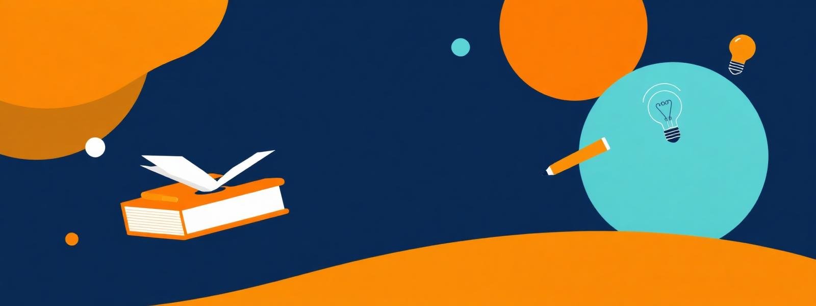 Illustrated books, lightbulb and pencil on a navy backdrop